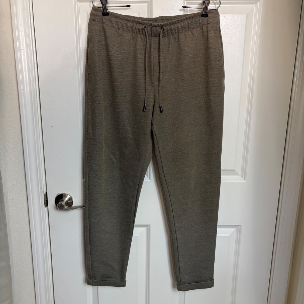 Zara Mens Textured Jogger Pants Olive Brown Drawstring Tapered Cuffed Size M 31
